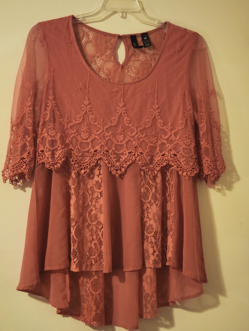 BKE Whimsical Coral Romantic Fairycore Sheer Lace Boho High-Low Hem Tunic XL